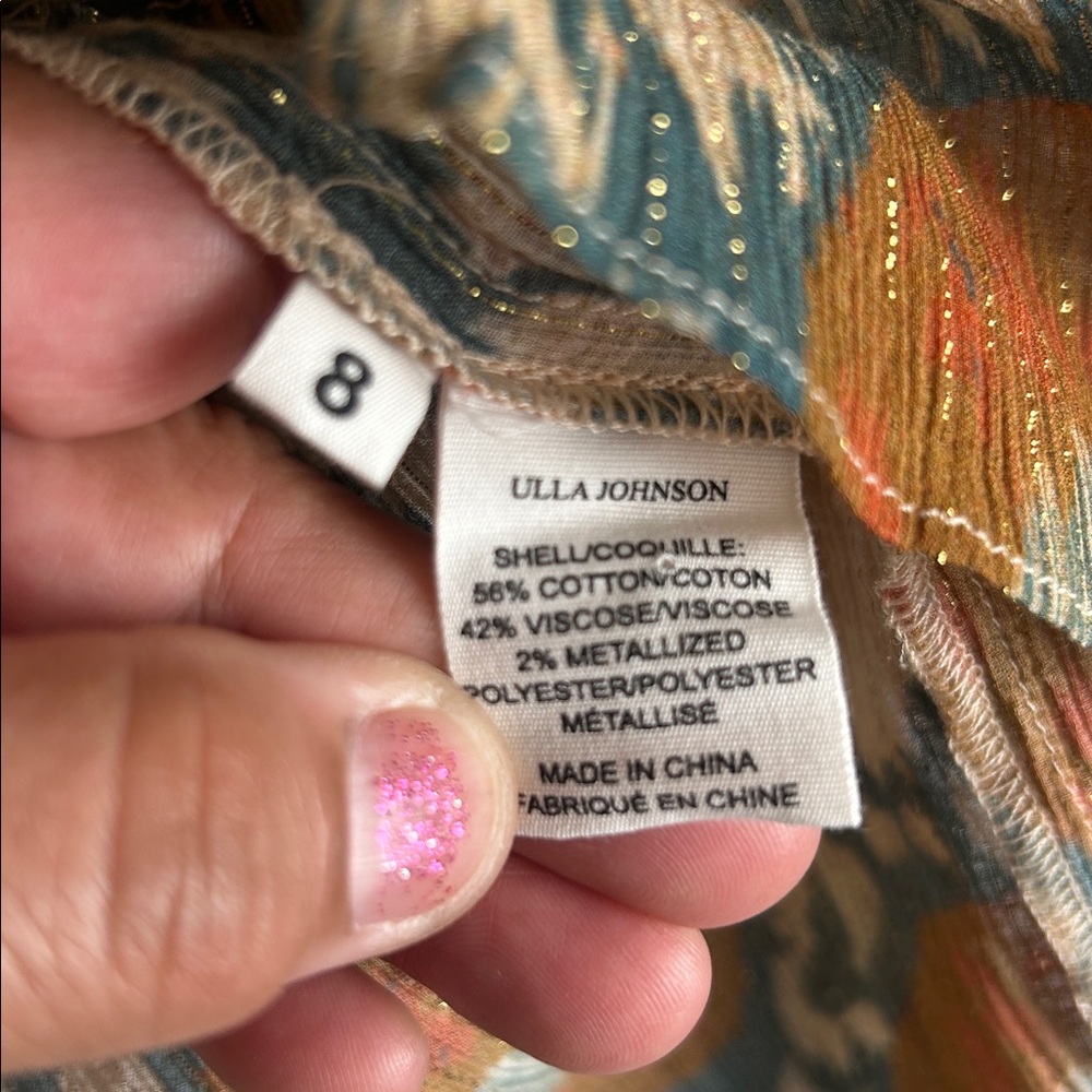 ULLA JOHNSON Long Sleeve Smocked Cuffs Double Lace Metallic Threads Size 8 - Picture 15 of 16